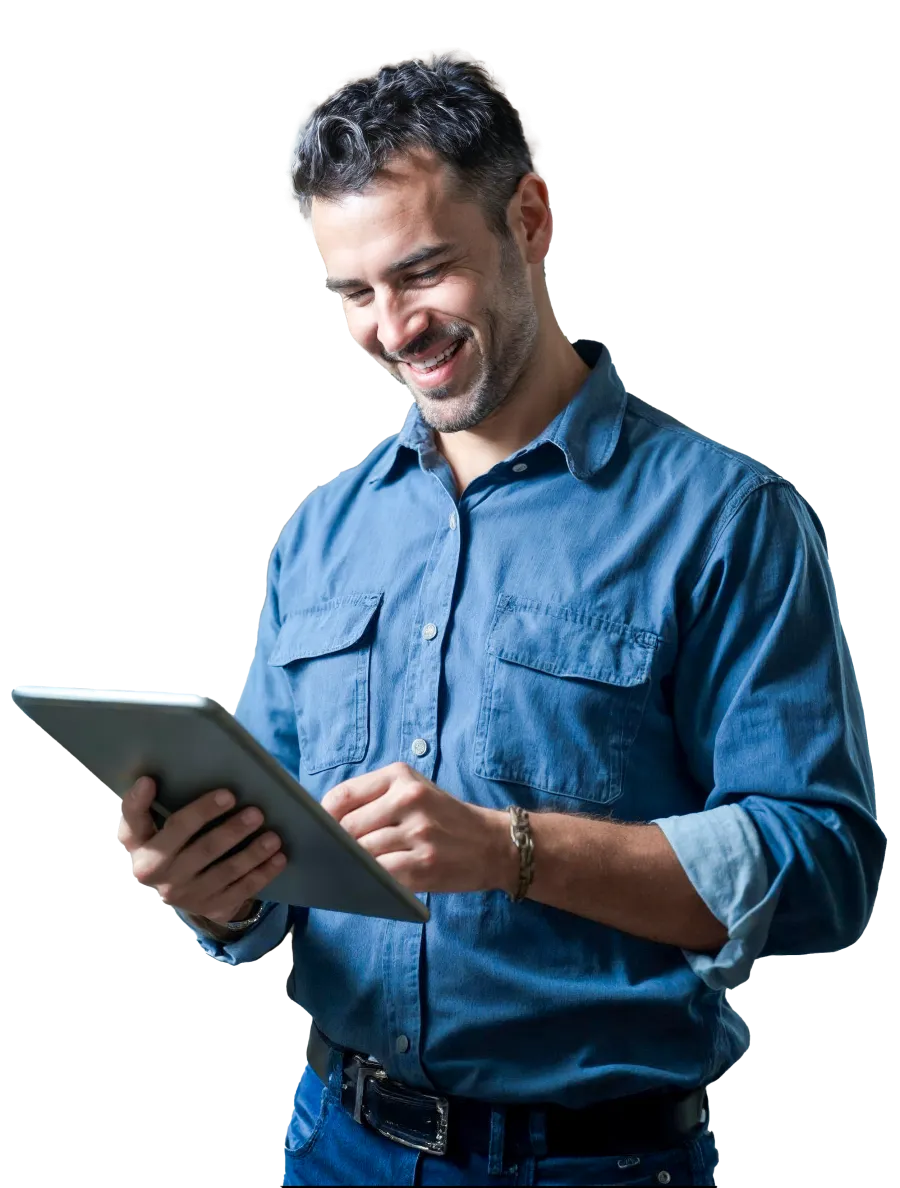 a man holding a tablet
