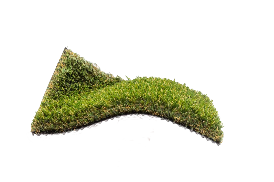 Rolled piece of green synthetic grass turf isolated on white background with visible texture.