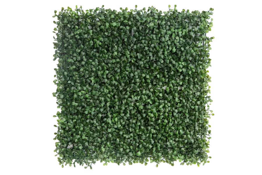 Square panel of dense artificial green leaves used for decorative wall coverings or privacy screens.
