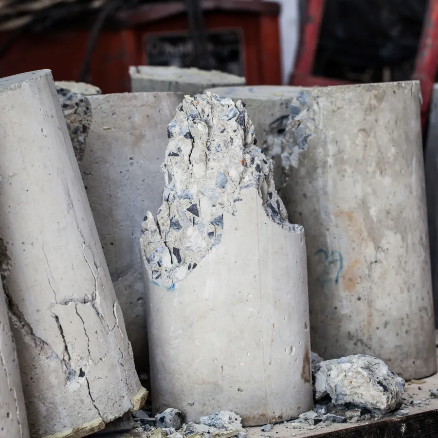 Broken cylindrical concrete cores with exposed aggregate and cracks, used for material testing in construction.