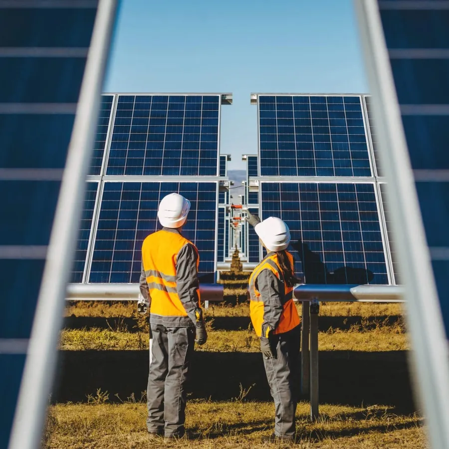 Two engineers in safety gear inspecting large solar panels outdoors during daytime