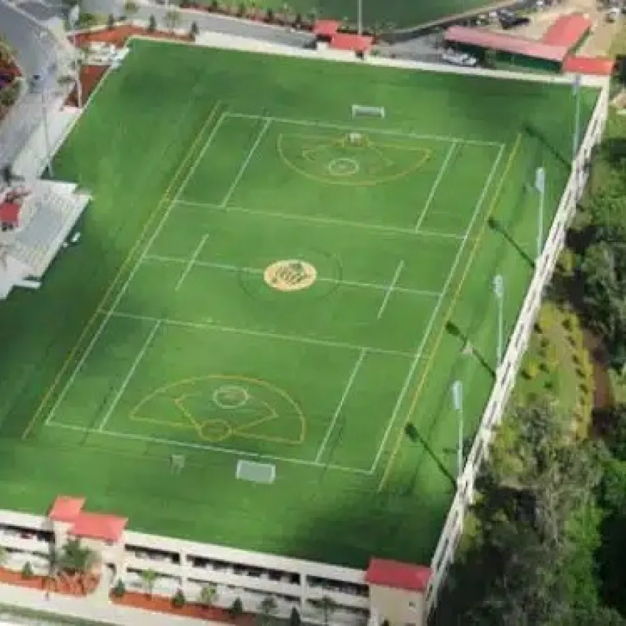 Aerial view of a sports complex featuring a baseball field and a soccer field with surrounding buildings and greenery.
