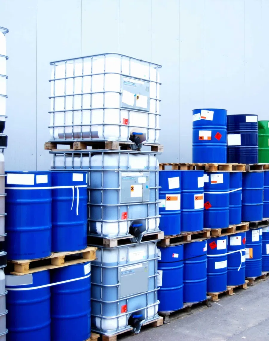 Stacks of blue, green, and gray industrial barrels and containers stored on wooden pallets in a warehouse.