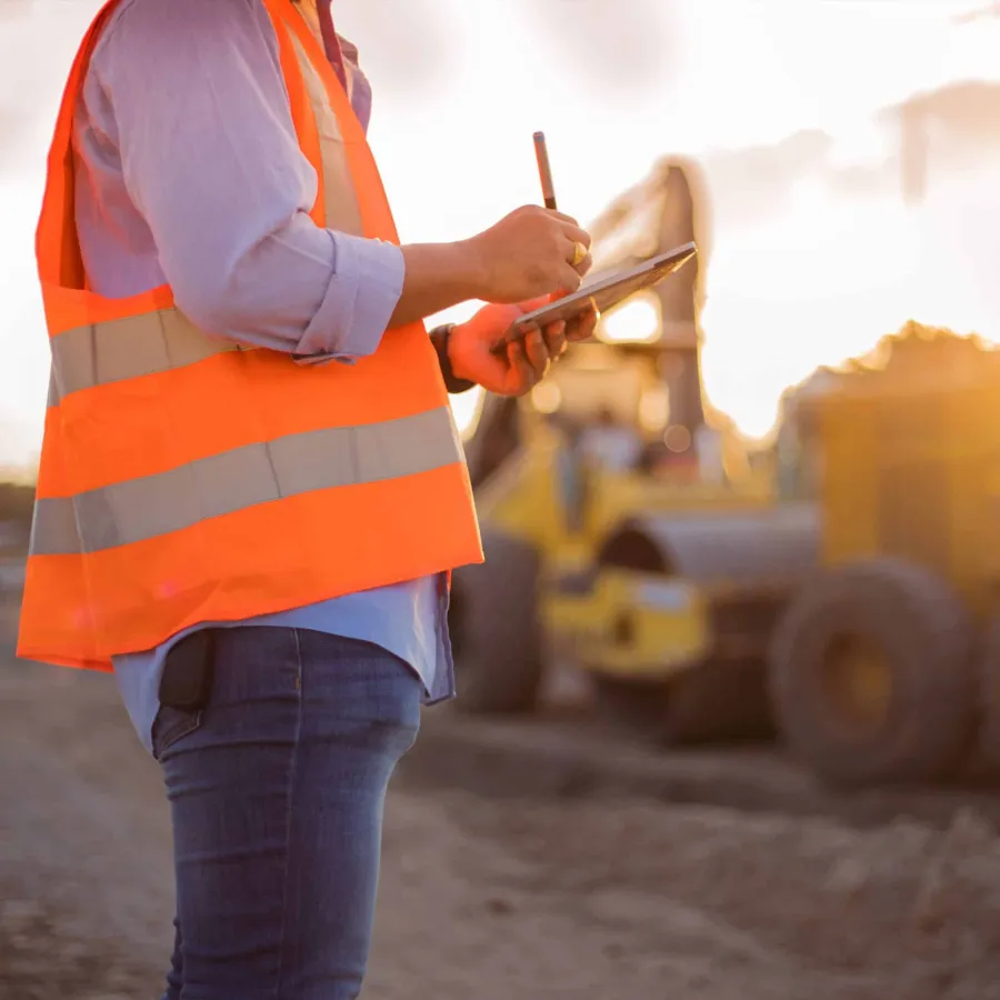 Construction worker wearing orange safety vest using tablet on site with heavy machinery in background at sunset