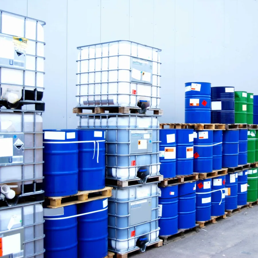 Stacked blue and green chemical barrels and white intermediate bulk containers stored on pallets outdoors.