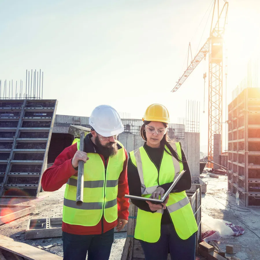 Two construction workers in safety gear reviewing plans on a laptop at an active building site with crane.