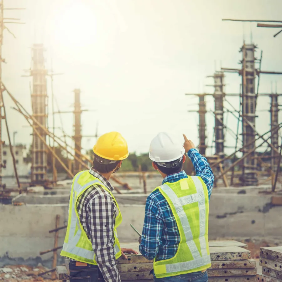 Two construction workers in safety gear inspecting and pointing at a building site under construction.