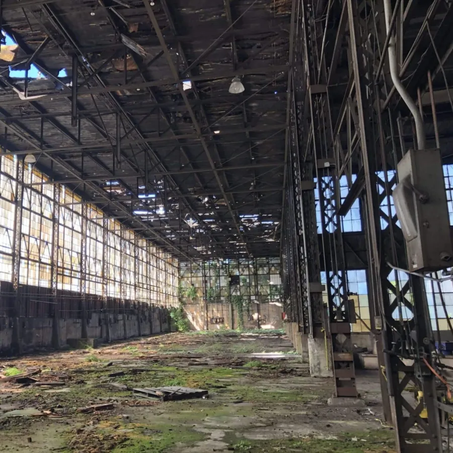 Abandoned industrial warehouse with broken windows, rusted metal framework, and moss-covered floor under natural light.