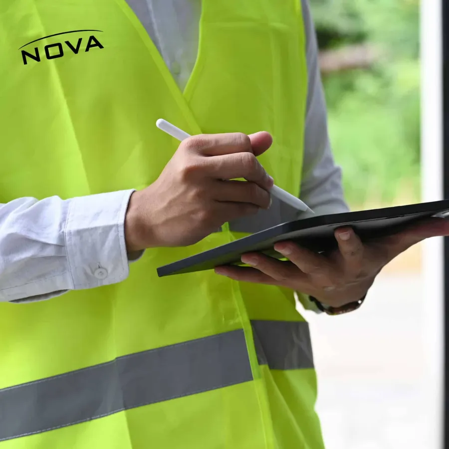 Person wearing reflective safety vest using stylus on digital tablet, inspecting or recording data outdoors.