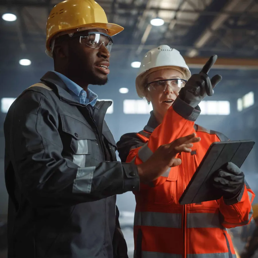 Two construction workers wearing helmets and safety glasses discuss plans using a digital tablet in an industrial setting.