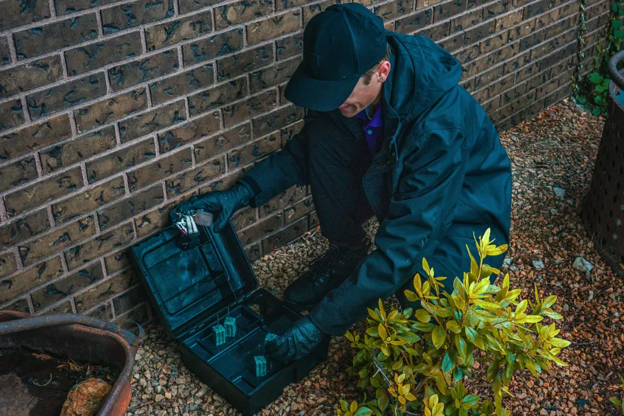 Pest control technician setting up bait stations along a brick wall for rodent control outdoors.