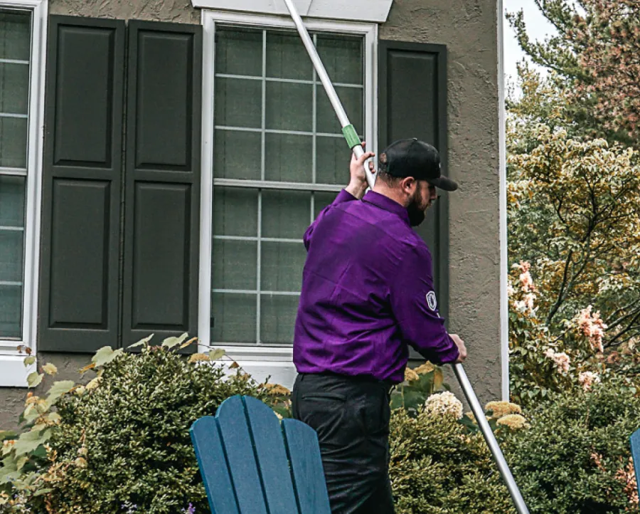 Man in purple shirt cleaning high windows of a beige house with dark green shutters using a long pole.