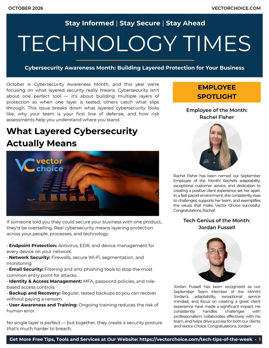 Technology Times newsletter for October 2026 highlighting Cybersecurity Awareness Month and employee spotlights.