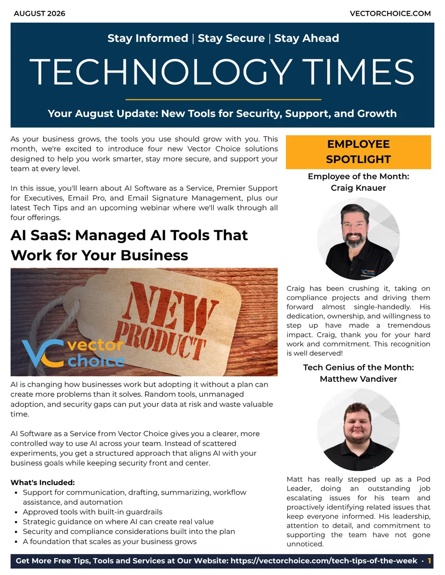 Newsletter cover for Technology Times August 2026 featuring AI SaaS, employee spotlight, and new product announcement.