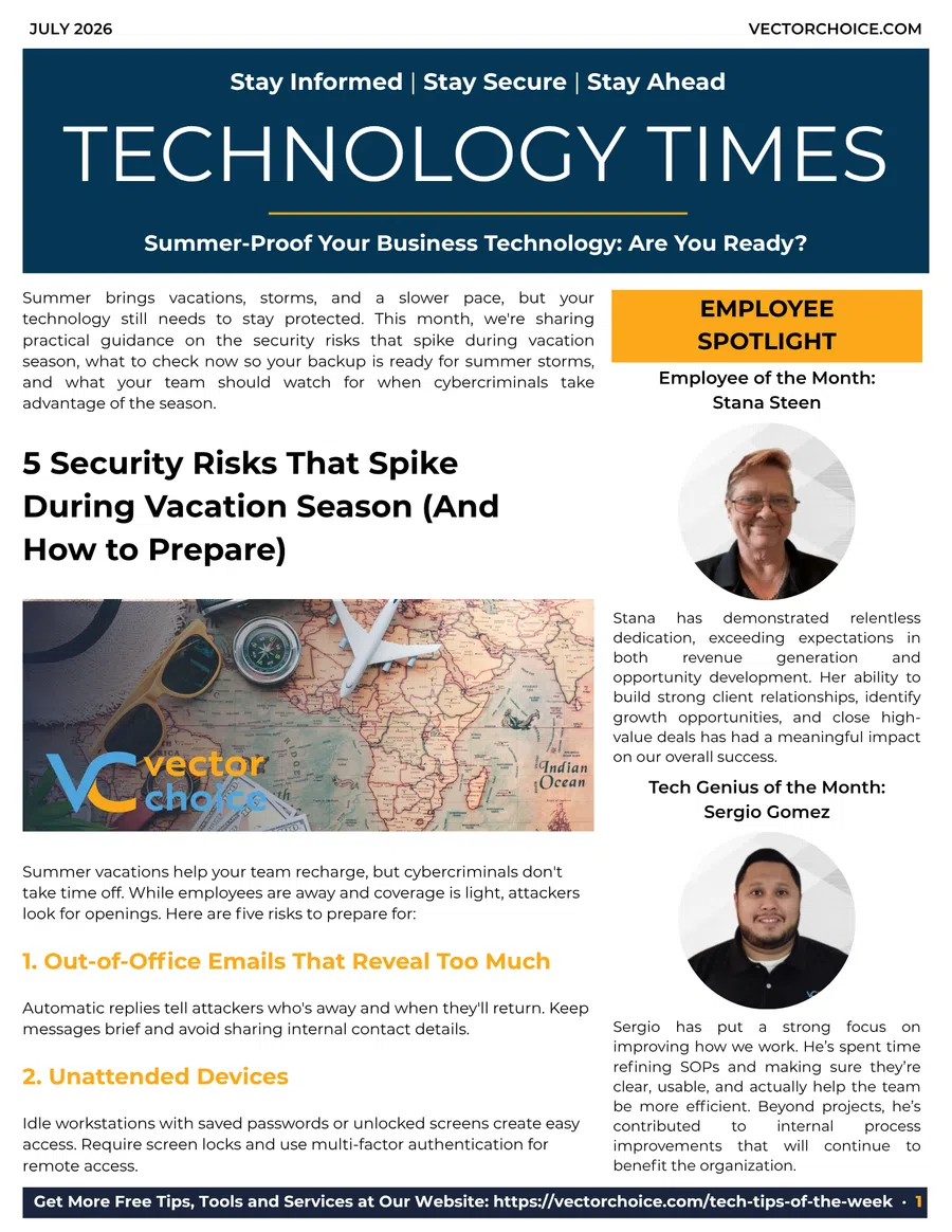 Technology newsletter cover titled Technology Times with summer security tips, employee spotlights, and travel visuals.