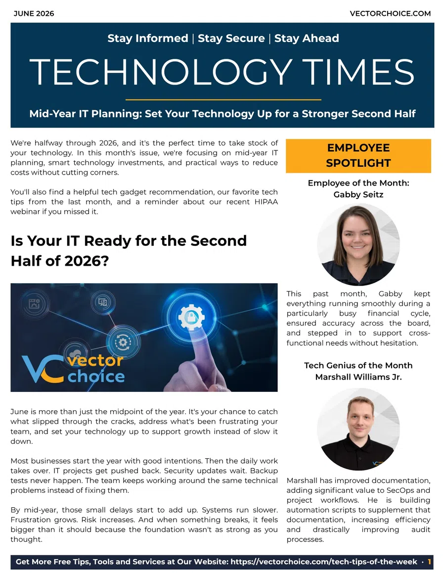Technology Times newsletter June 2026 with mid-year IT planning tips and employee spotlight photos.
