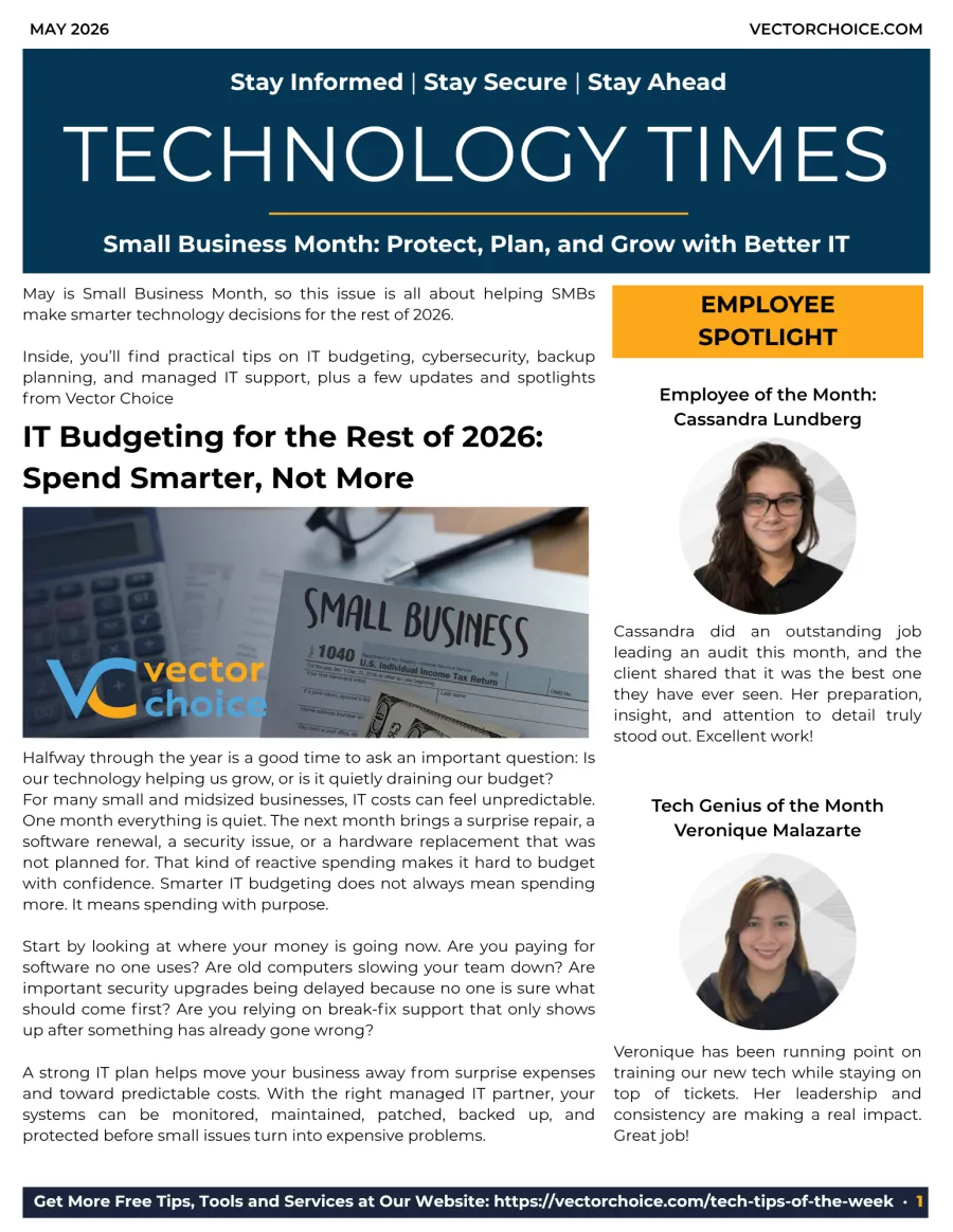 May 2026 Technology Times newsletter covering IT budgeting, small business tips, and employee spotlights.