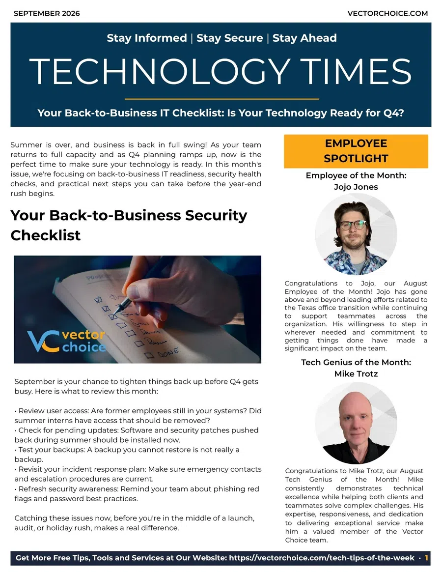 Technology Times newsletter cover with back-to-business IT tips, employee spotlight, and security checklist for Q4 readiness.