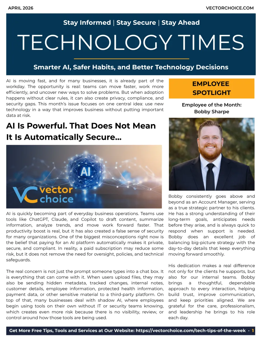 Technology Times newsletter April 2026 issue featuring AI security article and employee spotlight Bobby Sharpe.