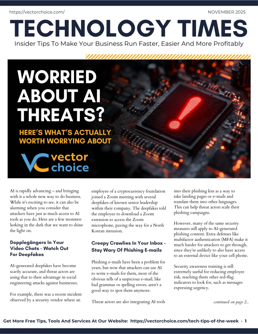 Technology magazine cover discussing AI threats with a red exclamation mark on a microchip background.
