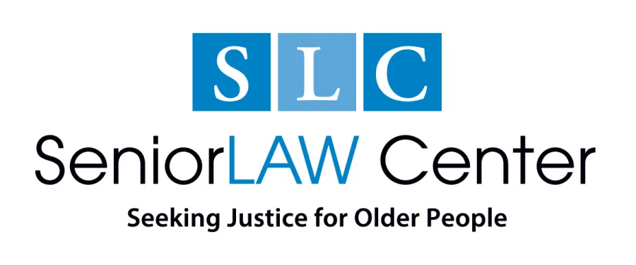 Logo of SeniorLAW Center with abbreviation SLC and tagline Seeking Justice for Older People in blue and black text