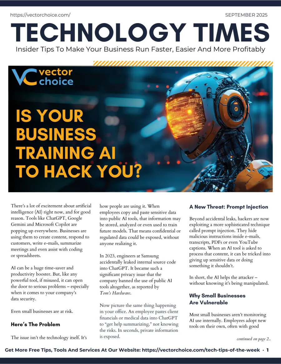Technology Times cover with a futuristic robot and headline about AI hacking business training data risks.