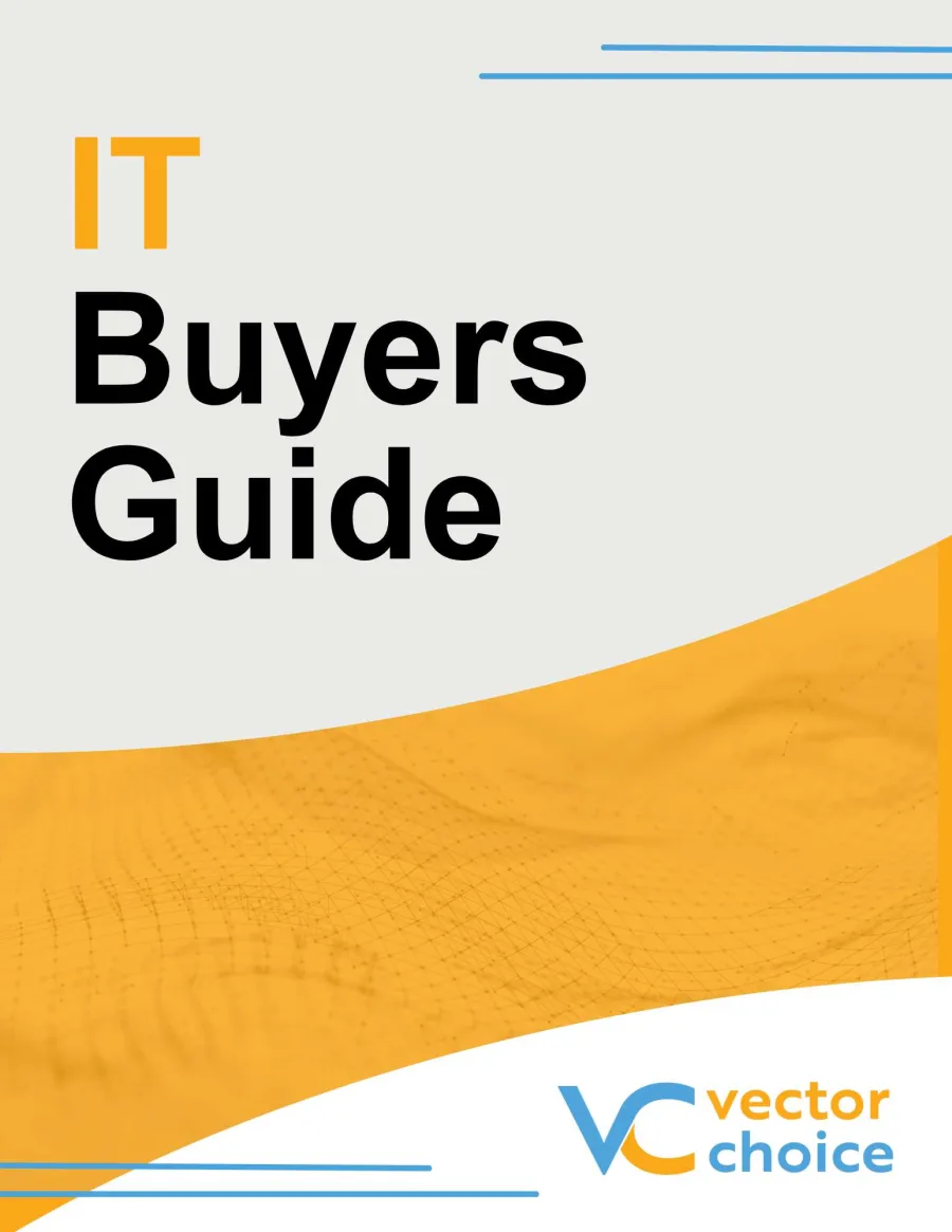 Cover page of IT Buyers Guide with yellow and white design and Vector Choice logo at bottom right.