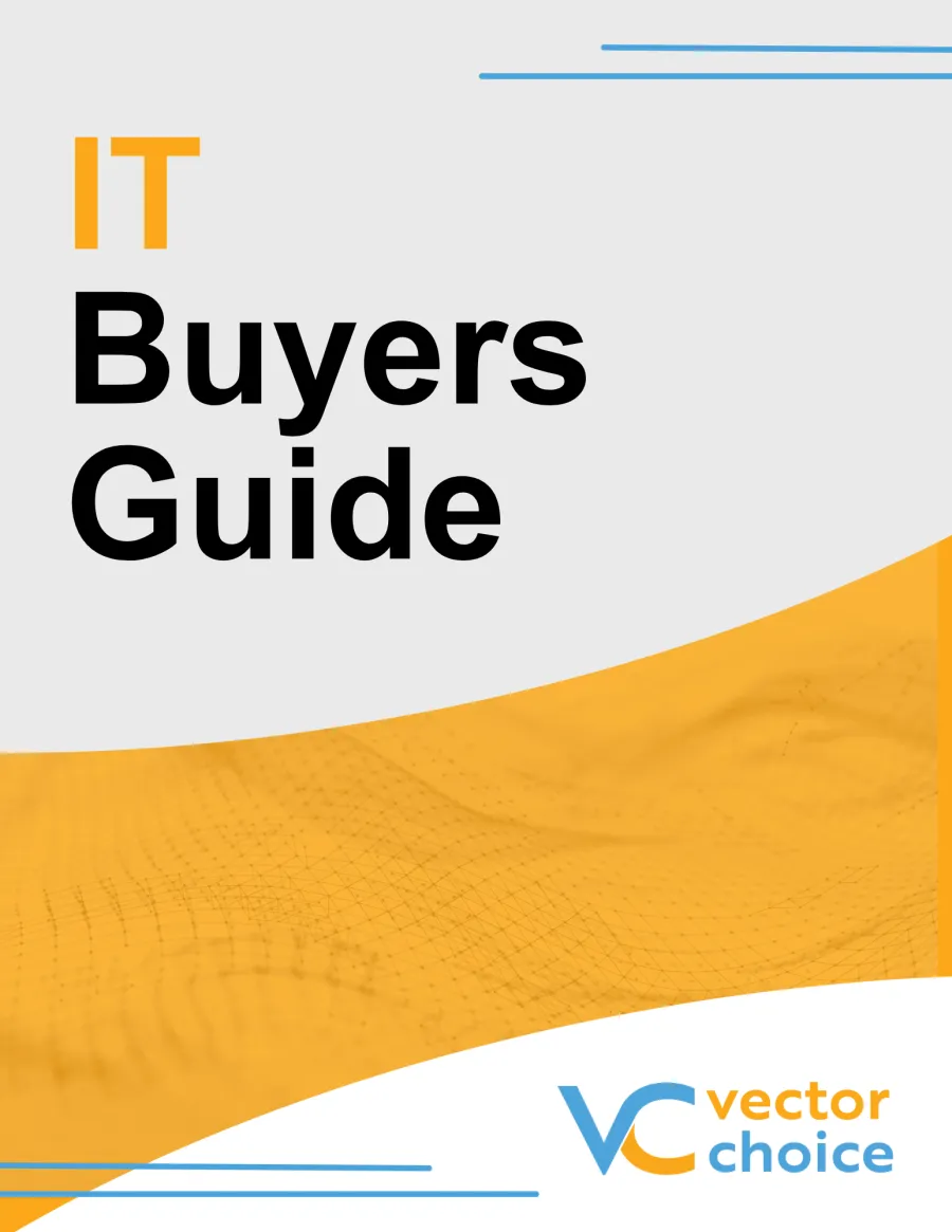 IT Buyers Guide cover with orange wave design and Vector Choice logo on white and gray background.