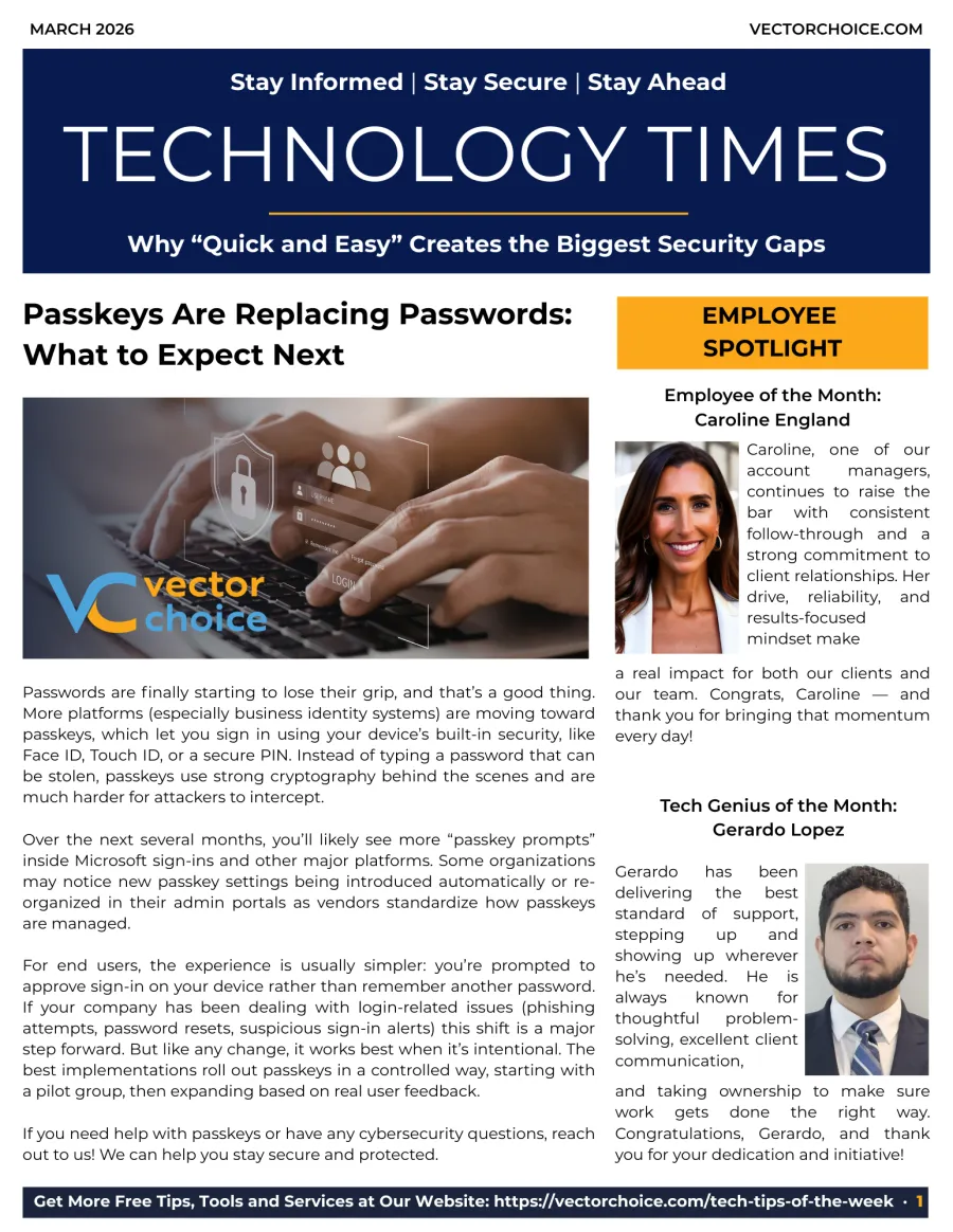 Technology Times newsletter highlighting passkeys replacing passwords and employee spotlights for March 2026.