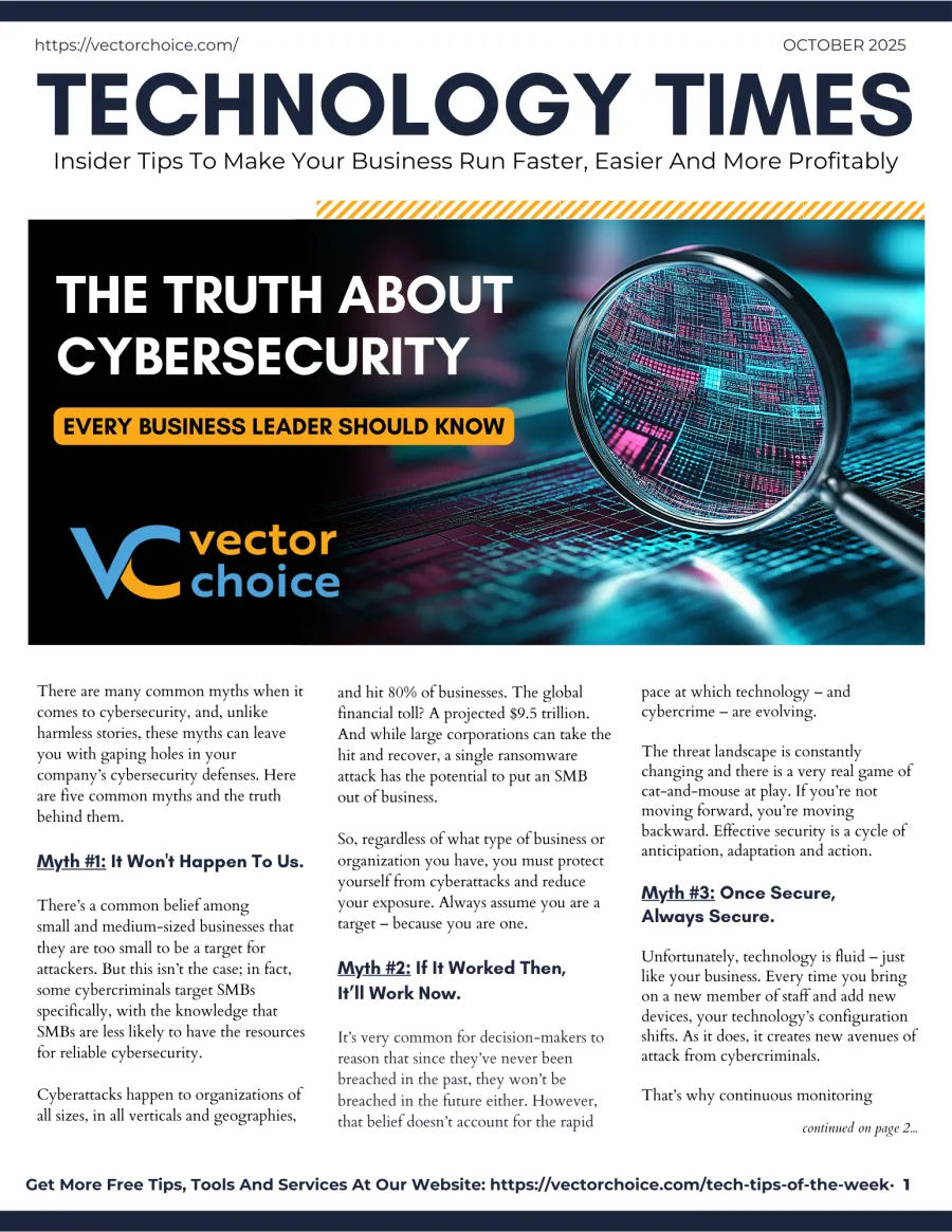Magazine cover titled Technology Times with focus on cybersecurity insights for business leaders and a magnifying glass on digital code.