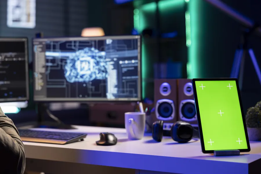 a desk with a computer and speakers