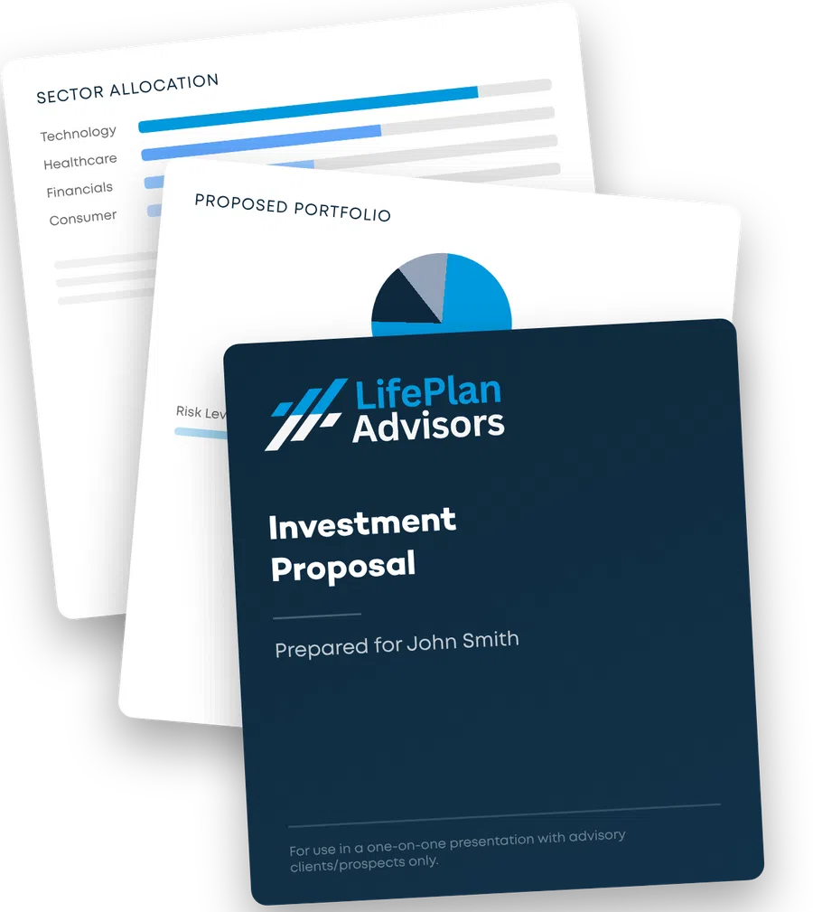 Investment proposal documents from LifePlan Advisors showing sector allocation and portfolio details.
