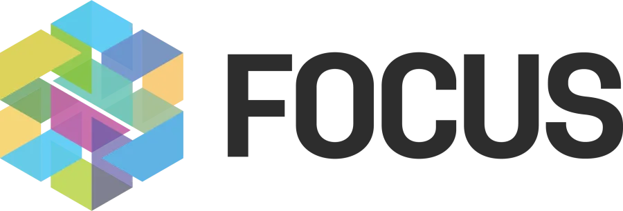 Colorful geometric hexagonal logo composed of overlapping translucent shapes next to the word FOCUS.