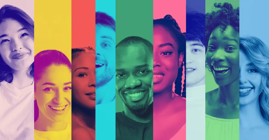 Diverse group of smiling individuals shown in colorful vertical stripes representing inclusivity and unity.