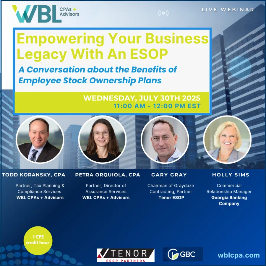 Webinar on Employee Stock Ownership Plans featuring four speakers from WBL CPAs, Tenor ESOP, and Georgia Banking Company.