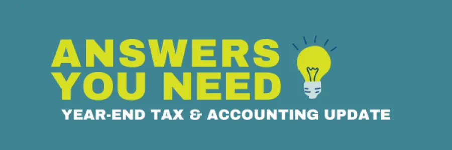 Year-end tax and accounting update with bold yellow text and a lightbulb icon on teal background.