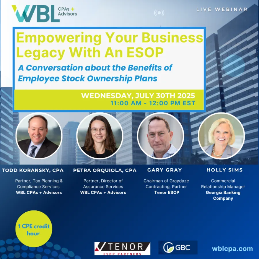 Webinar on empowering business legacy with ESOP featuring CPA advisors and ESOP experts, July 30, 2025
