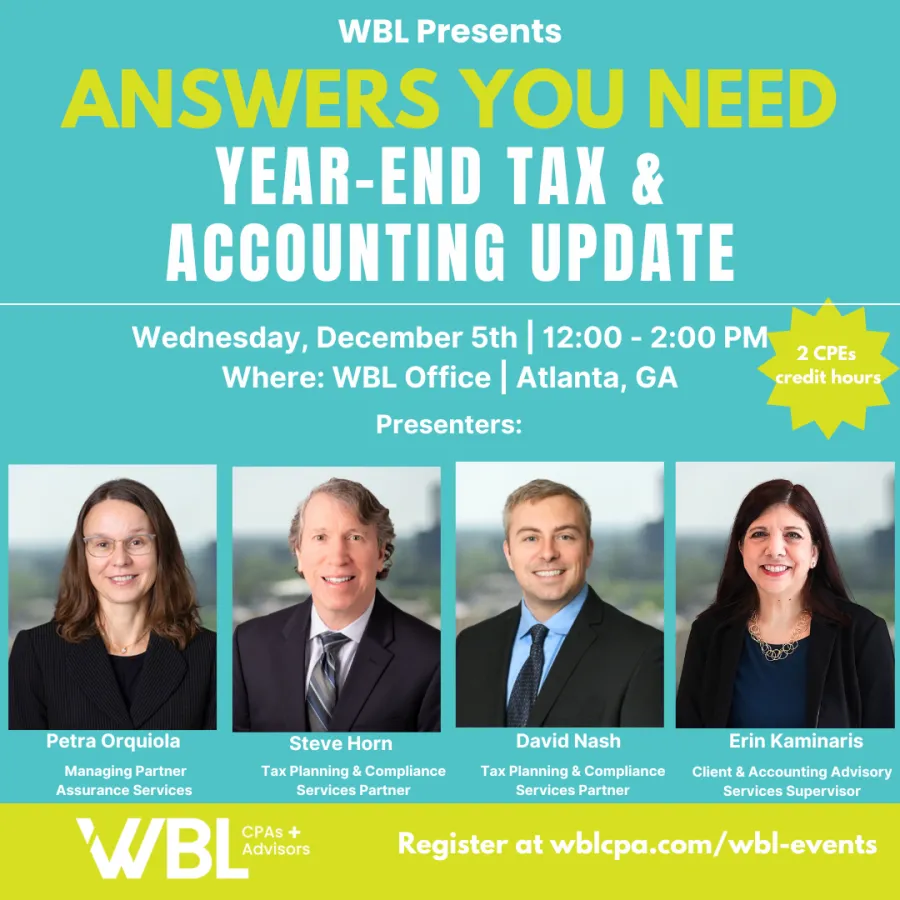 Event flyer for year-end tax and accounting update with four presenters and event details in Atlanta.