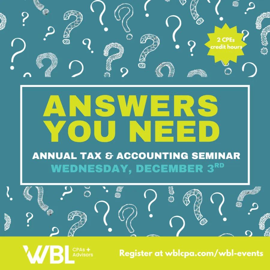 Annual tax and accounting seminar announcement with date, CPE credits, and registration info on blue background.