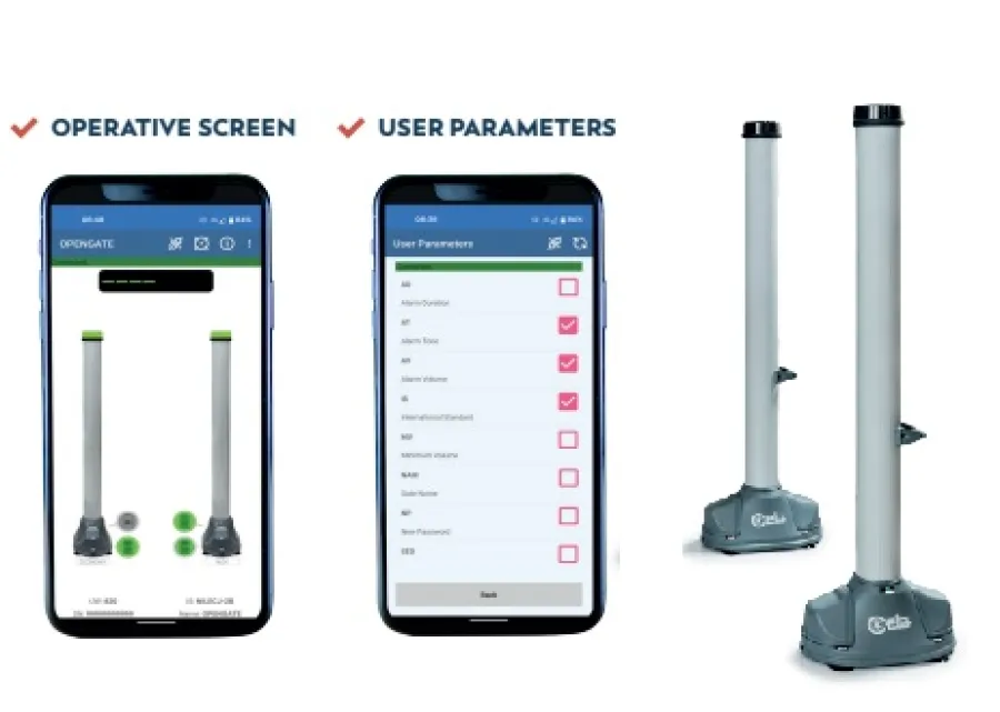 Two smartphones showing operative screen and user parameters alongside two tall cylindrical devices for industrial control.