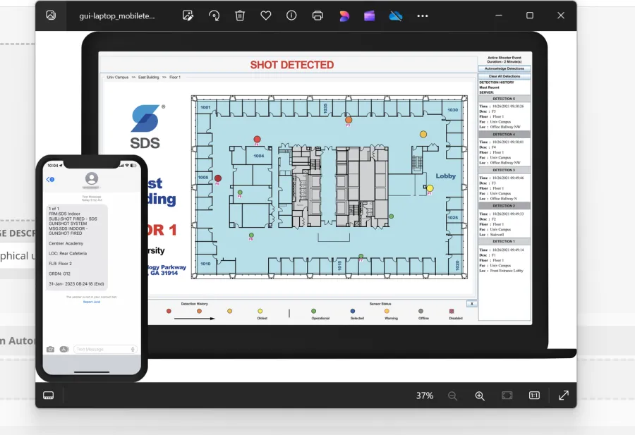 Laptop and smartphone showing building floor plan with detected shots and alert messages on screen.