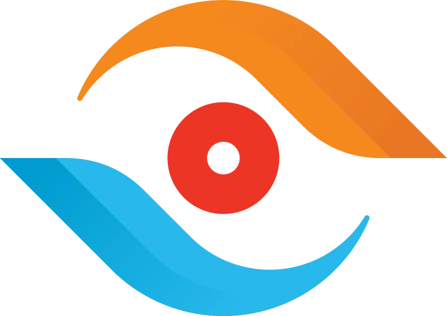 Abstract eye design with an orange upper curve, blue lower curve, and a red circular pupil in the center
