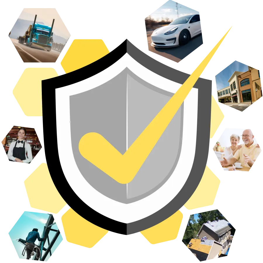 Shield with yellow checkmark surrounded by hexagons showing truck, car, business, workers, and seniors representing safety and protection.