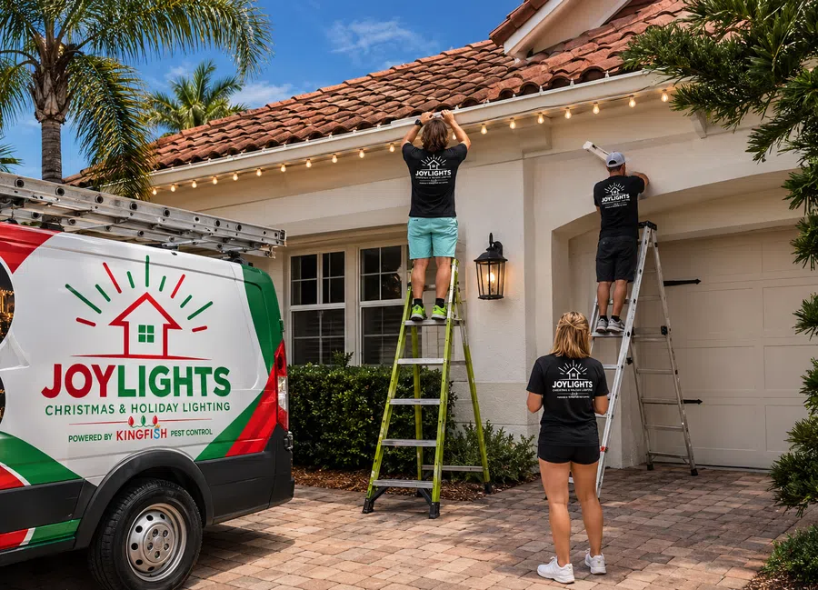 Three JoyLights workers install Christmas seasonal holiday lights on a white house with a tiled roof during daylight.