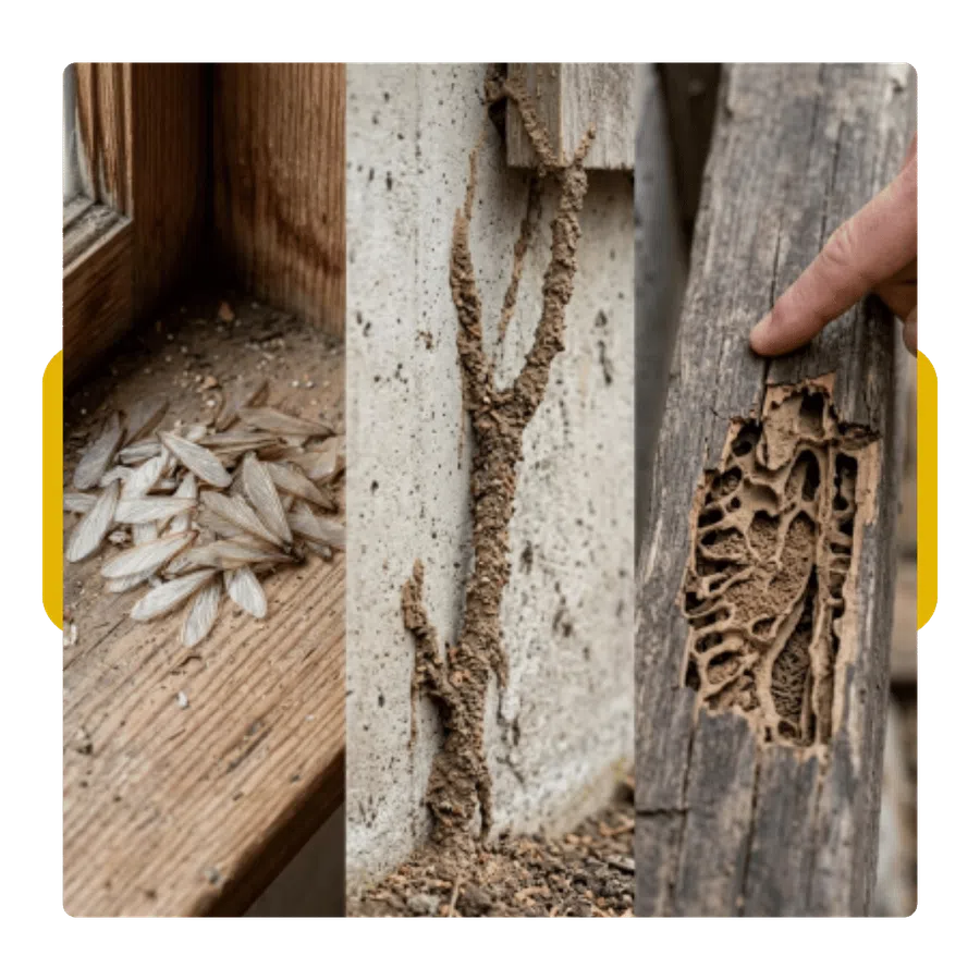 Close-up images of termite wings, mud tubes on concrete, and wood damage from termites with a person pointing.