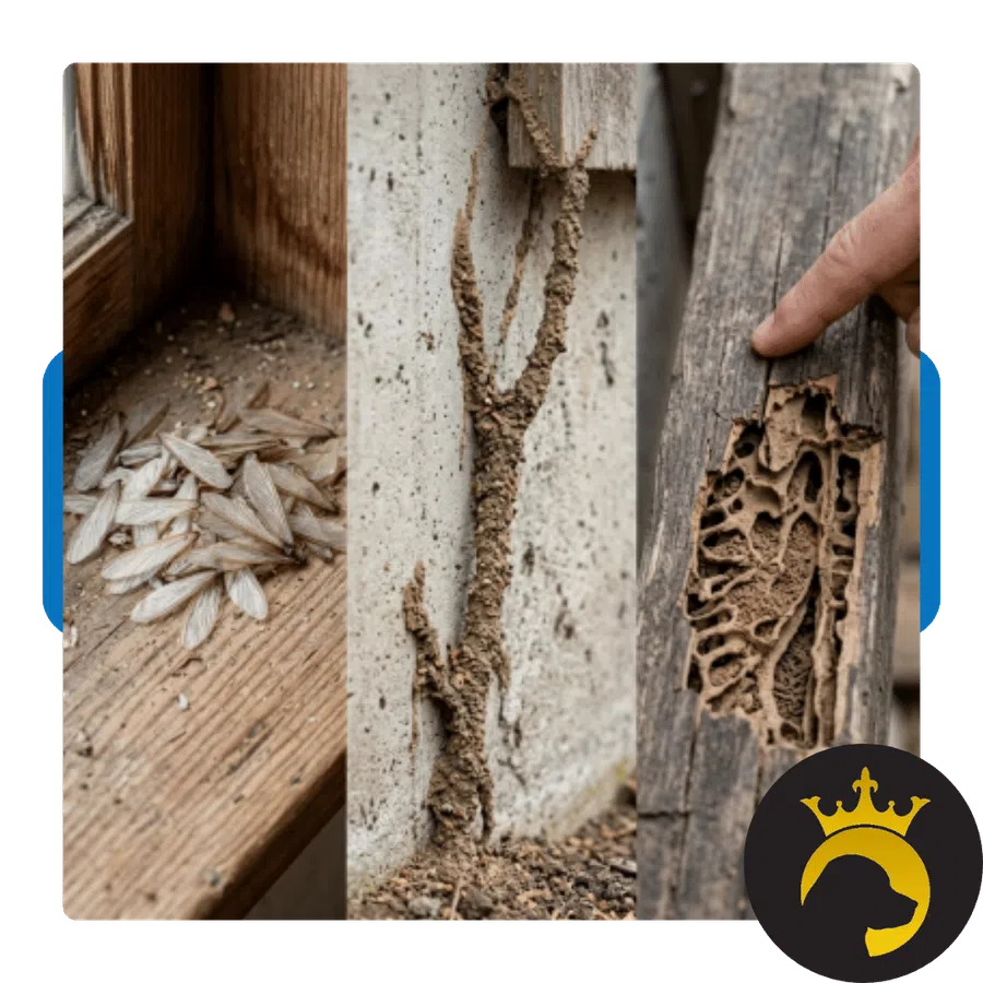 Close-up of termite wings, termite mud tubes on wall, and extensive termite damage inside wooden beam.