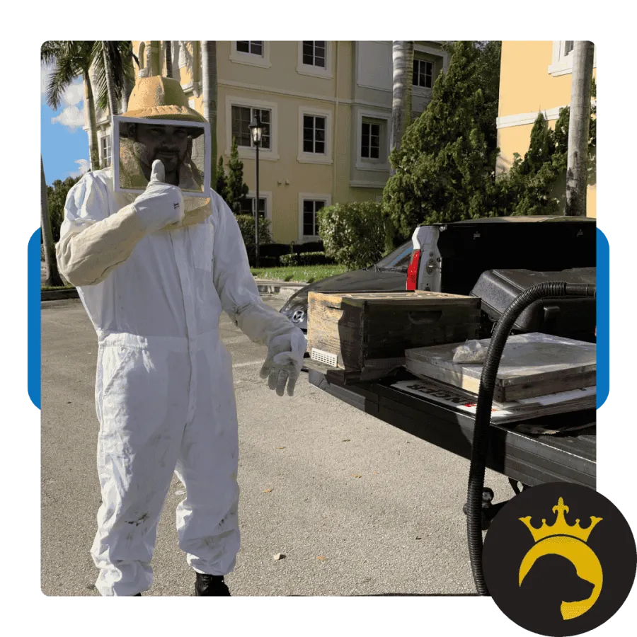 Man in full beekeeping suit giving thumbs up near truck loaded with beekeeping equipment outdoors.