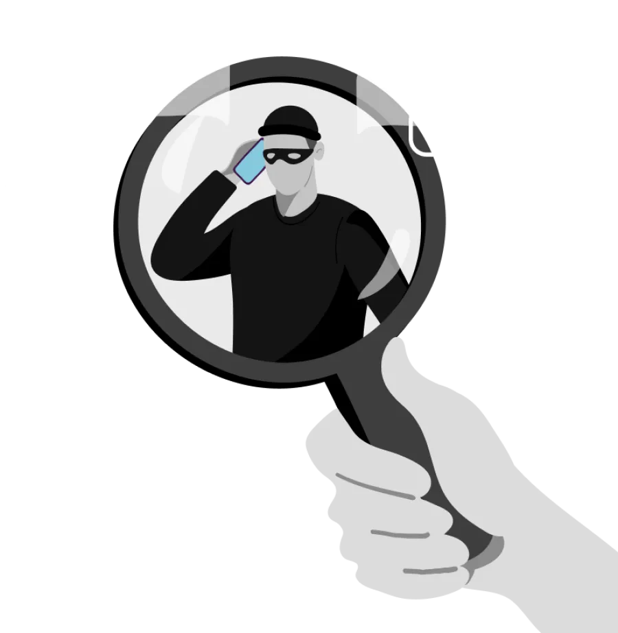 Magnifying glass reveals masked thief on phone surrounded by currency symbols and question marks.