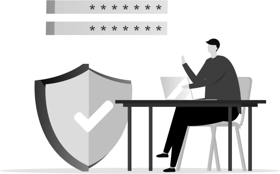 Person working on laptop with shield and checkmark symbolizing cybersecurity and password protection.