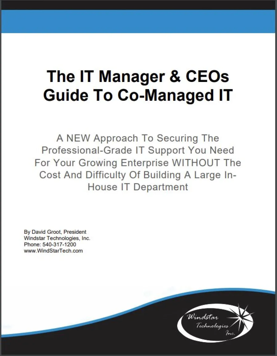 Cover page of IT guide for managers and CEOs on co-managed IT solutions by Windstar Technologies.
